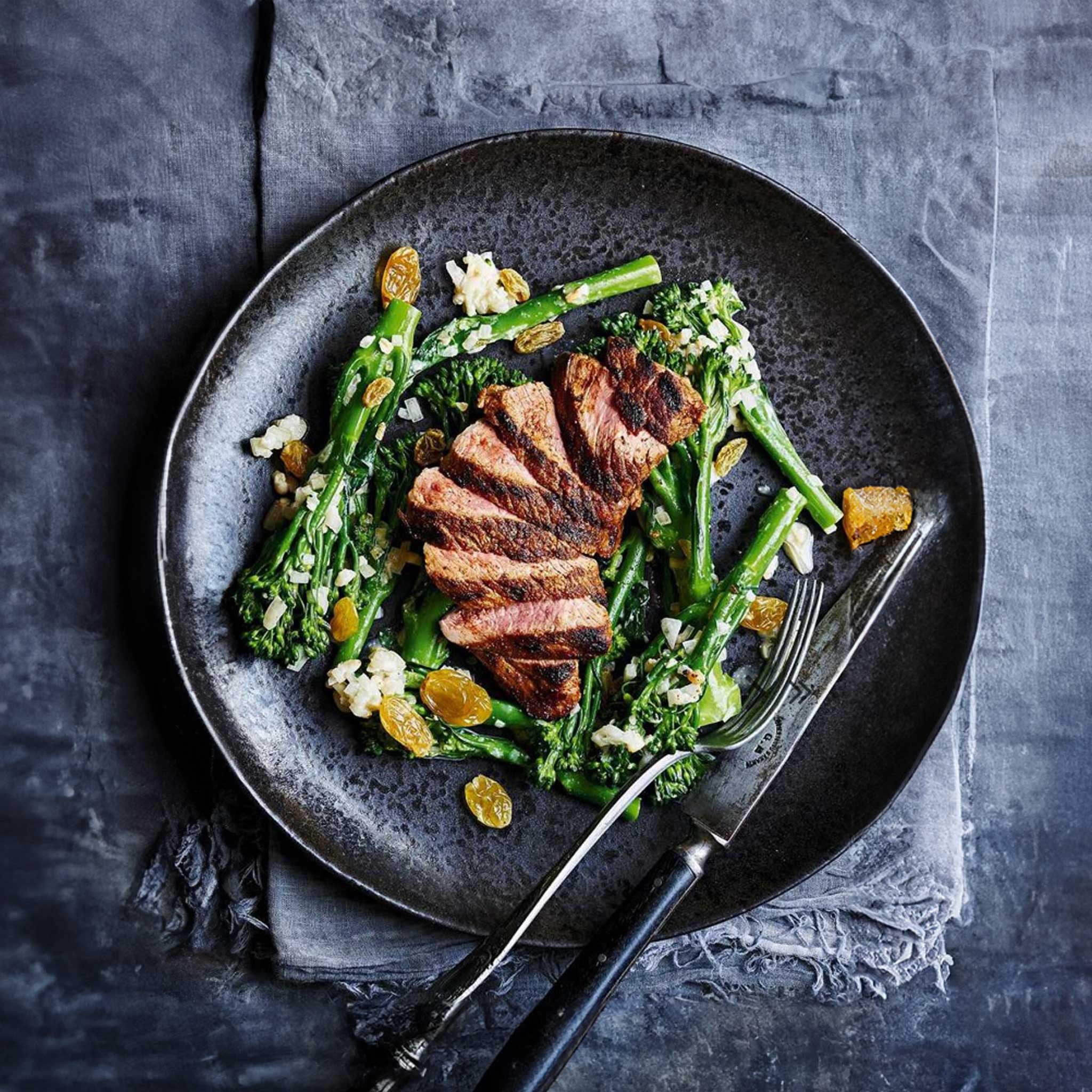 Spiced Lamb and Broccoli with Pine nut, raisin and shallot dressing